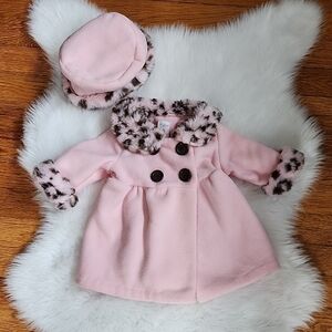 Baby Girl Pink Faux Fur Trimmed  Coat And Hat Set, 6M